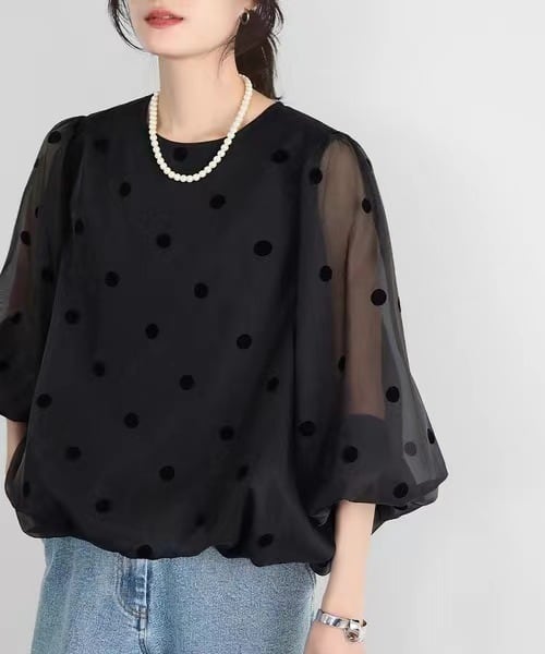 【tops】ドット柄切り替えトップス　M26990