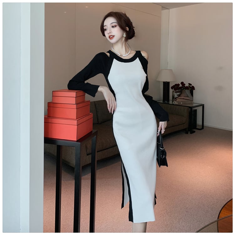 【dress】オフショルダースリットニットワンピース　M17920