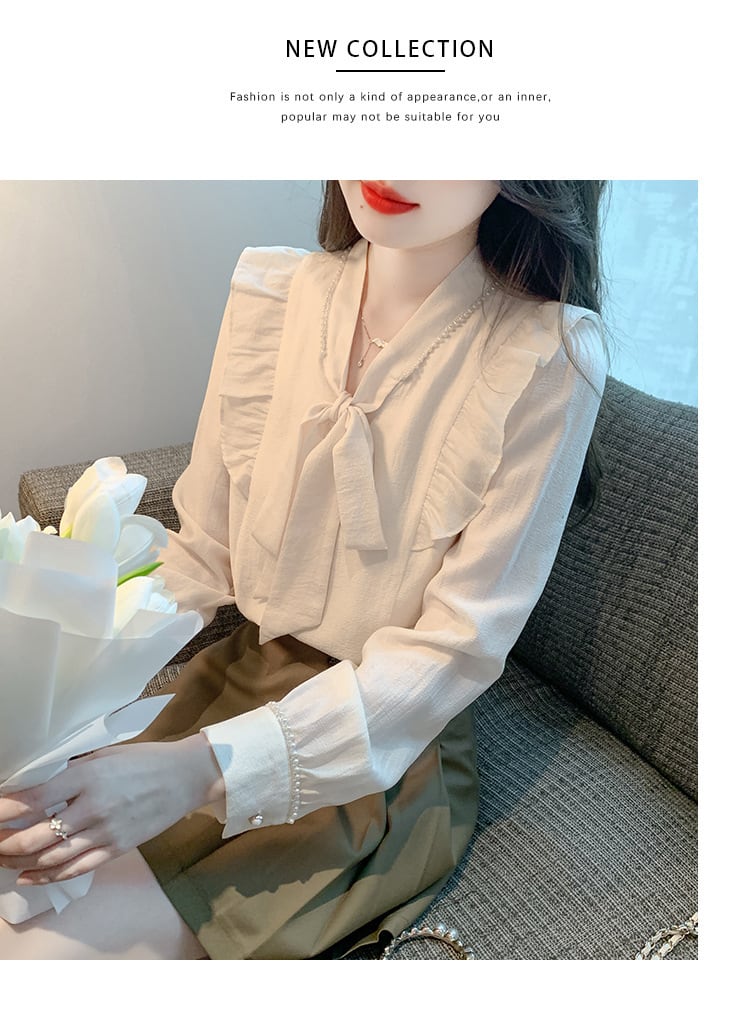 【tops】美人度アップリボン付きシャツトップス超人気　M17338