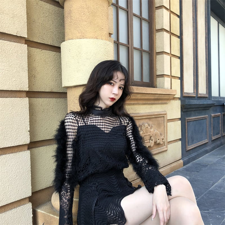 【set】カットワークレーストップス×キュロットスカートセット    N2720