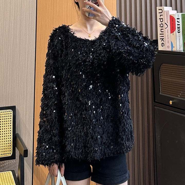 【tops】キラキラクルーネックニットセーター　M18106