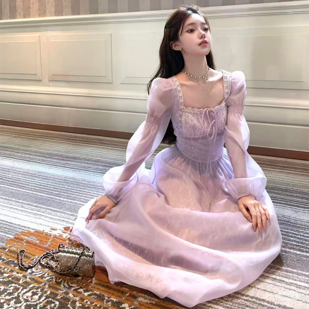 【dress】スクエアネックレースロングワンピース Q6388
