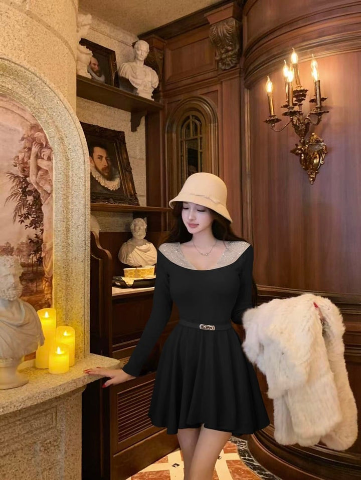 【dress】ラインストーンチュールニットミニワンピース　N3508