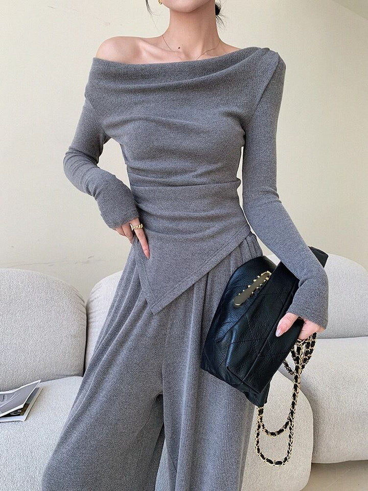 【set】オフショルトップス×ワイドパンツセット　N2804