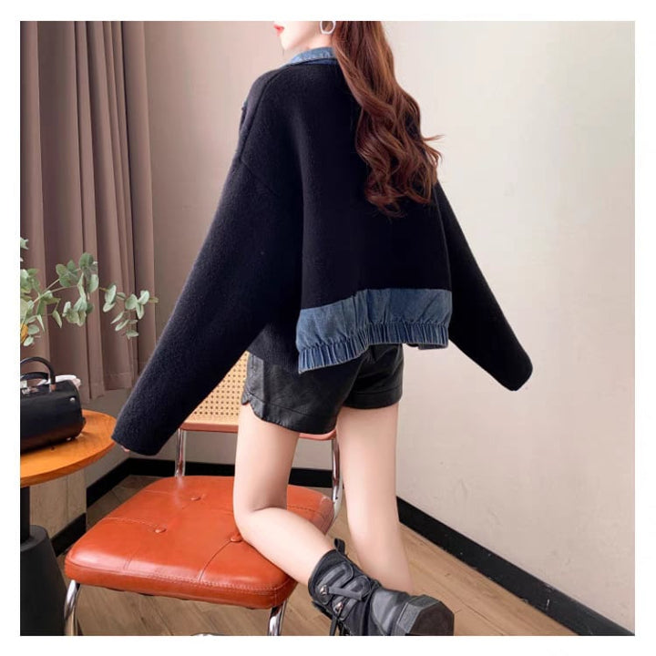 【outer】デニム切り替えニットカーデ　M25745