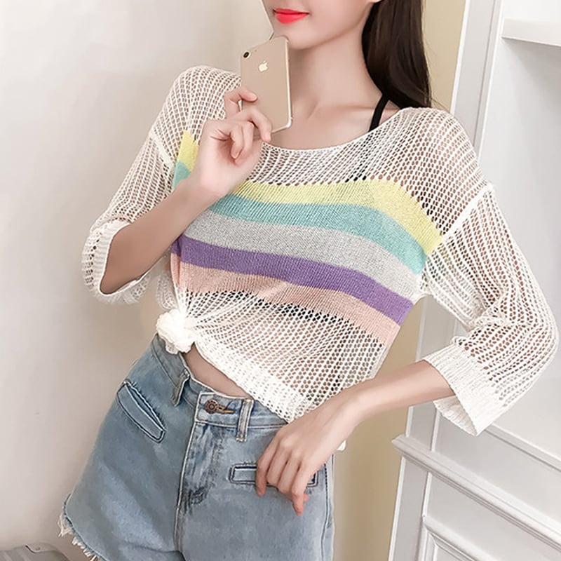 【tops】7 分袖透かしトップス Q8287