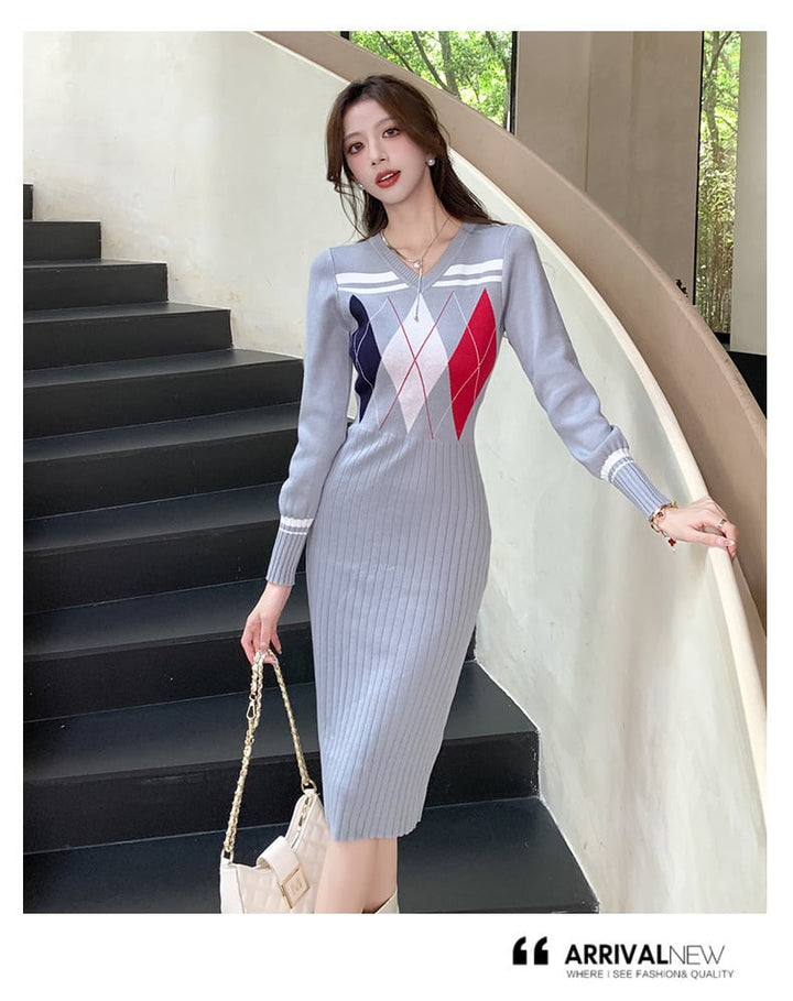 【dress】Vネックニットワンピース　M26546