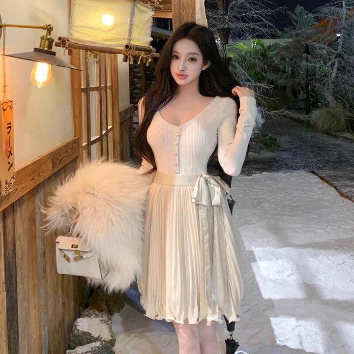 【dress】リボン付きプリーツニットワンピース Q7283