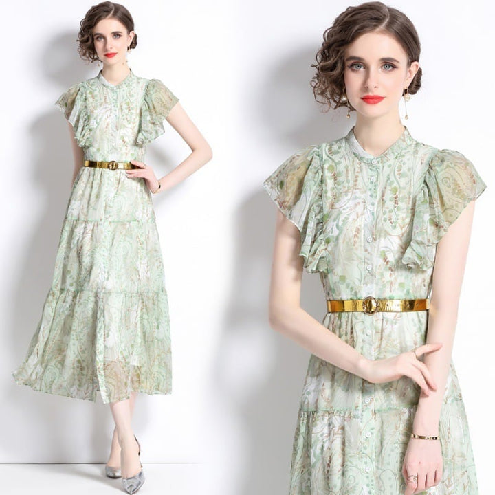 【dress】女性力を高める～フリルプリントワンピース　M16944