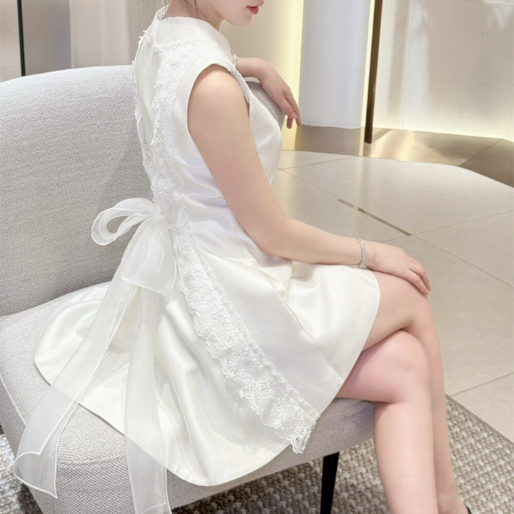 【dress】バックリボンレースドッキングミニワンピース　N3535