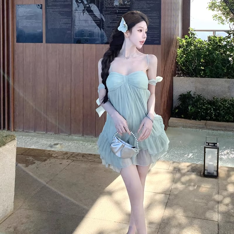 【dress】リボン付きフリルミニワンピース Q8405