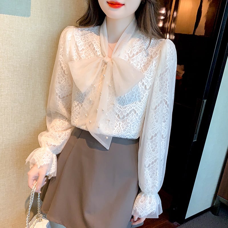 【tops】リボン付きレースシャツトップス　M18251
