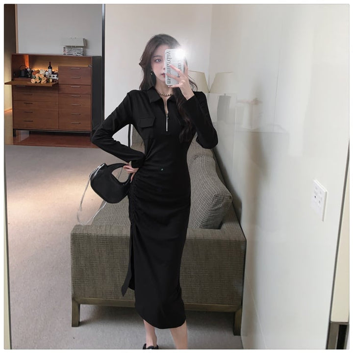 【dress】人気を独占中 POLOネックスリットワンピース　M17014