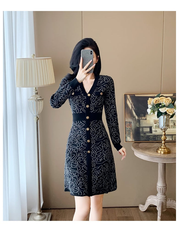 【dress】ジャカードVネックニットワンピース　M27683