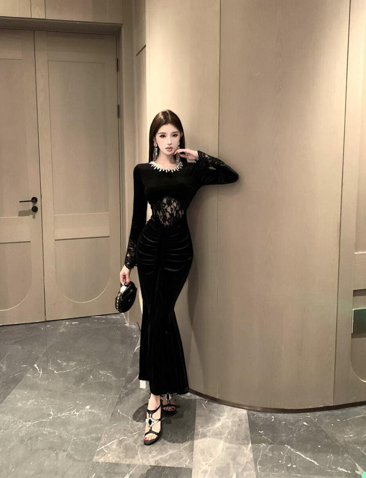 【dress】スパンコール付きレースドッキングベルベットワンピース Q7424