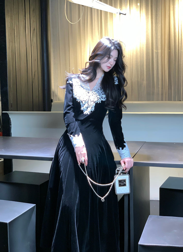 【dress】レーストリミングベロアワンピース　N3476