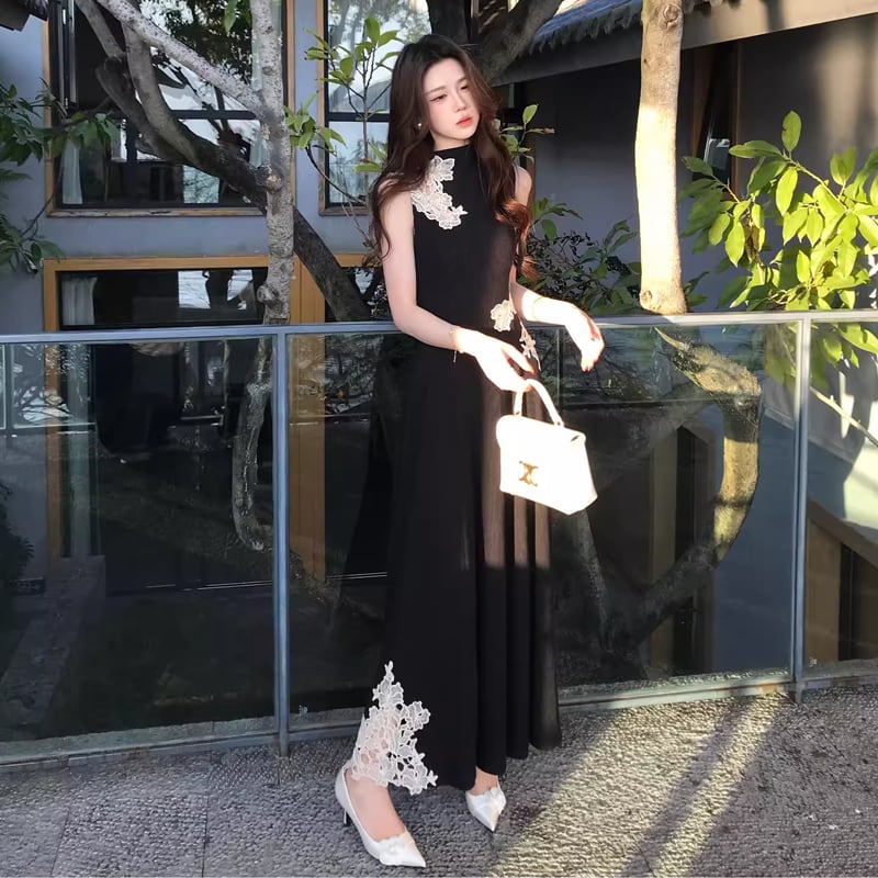 【dress】レースドッキングノースリーブニットワンピース Q8403
