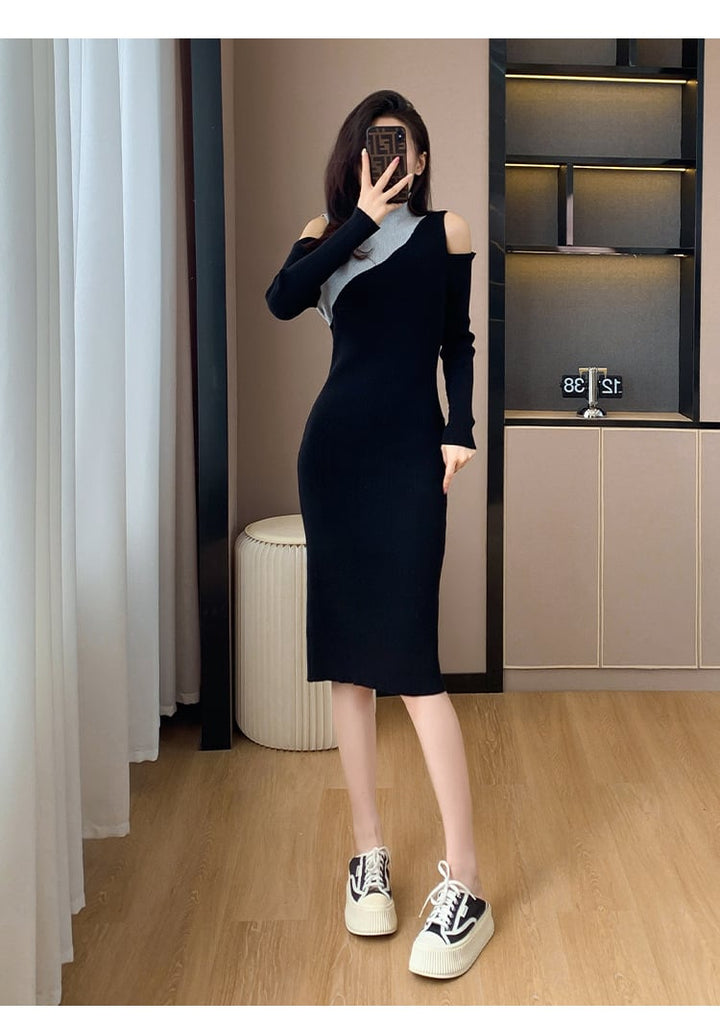 【dress】韓国系オフショルダーニットワンピース　M17599