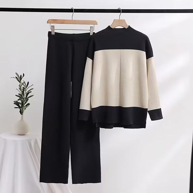 【set】配色ニットトップス+ストレートパンツセット　M17709