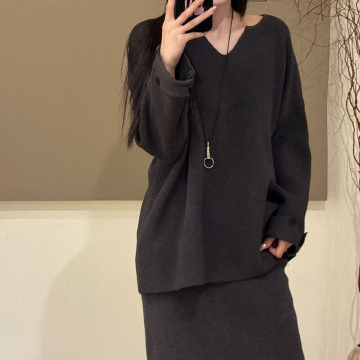 【set】Vネックニットトップス×ロングスカートセット Q7439