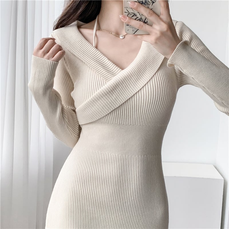 【dress】おしゃれ大人気Vネック無地ニットワンピース　M17566