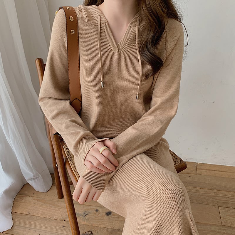 【dress】フード付きニットワンピース韓国系超人気　M17661