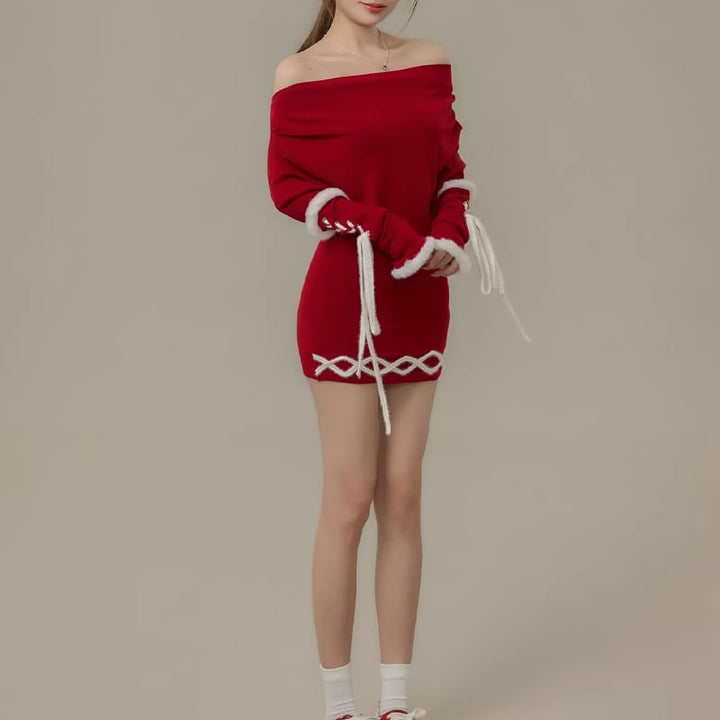 【dress】ファー付きオフショルダーニットワンピース Q7730