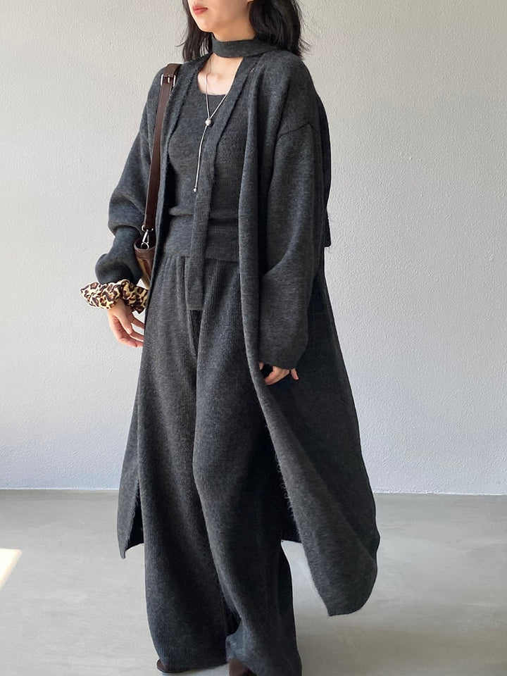【set】ロングカーディガン×スカーフ付きベスト×ワイドパンツ3点セット Q7235