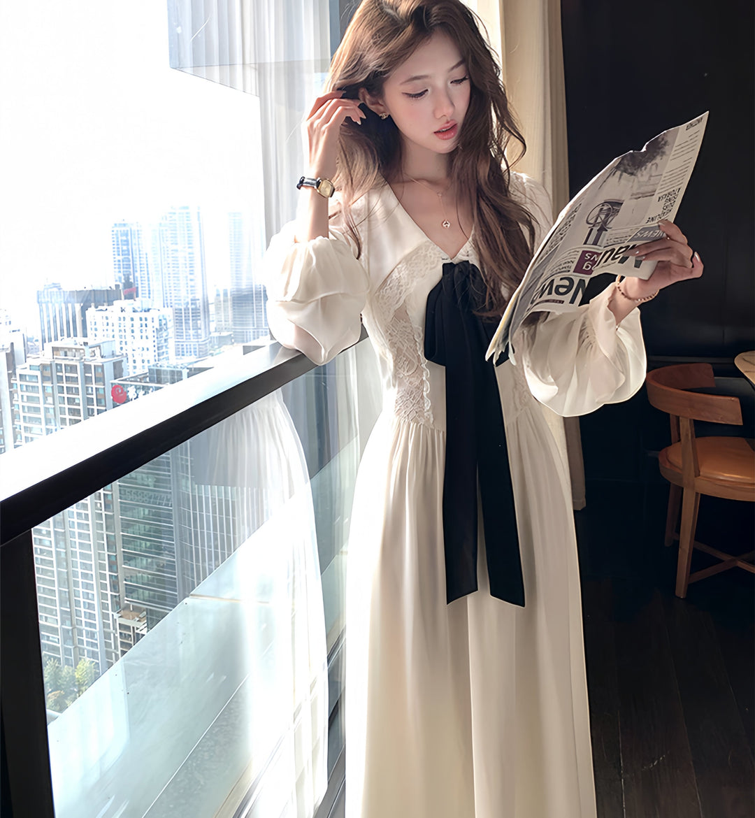 【dress】ビッグリボンレースドッキングロングワンピース　N3316