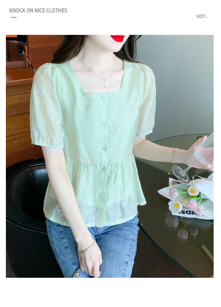 【tops】目立つ！レース切り替えシャツトップス 爽やかな印象　M16770