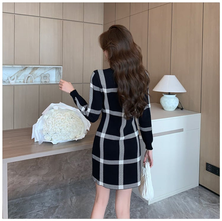 【dress】韓国系チェック柄ニットワンピース着瘦せ　M17626