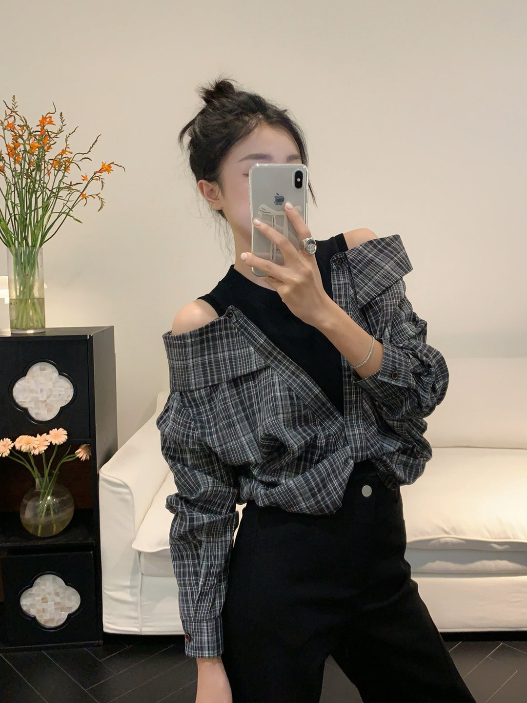 【tops】フェイクレイヤードチェック柄トップス Q9089