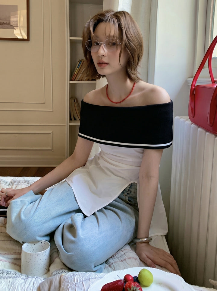 【tops】オフショルダーニットドッキングトップス Q8698