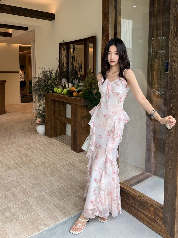 【dress】フラワー柄ギャザーフリルロングキャミワンピース Q8668