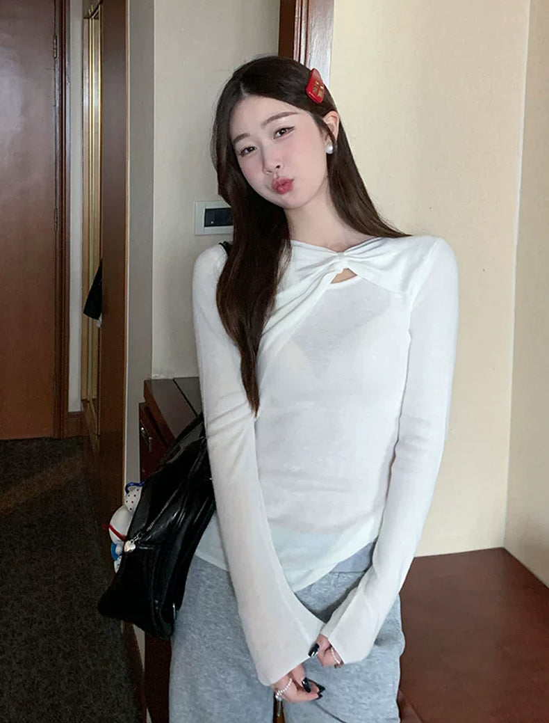 【tops】リボンネックニットトップス Q9077
