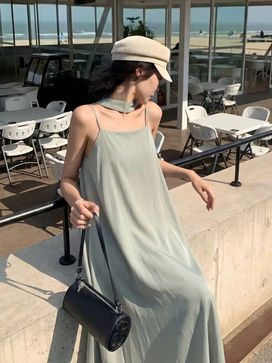 【dress】スカーフ付きサテンロングキャミワンピース Q8621