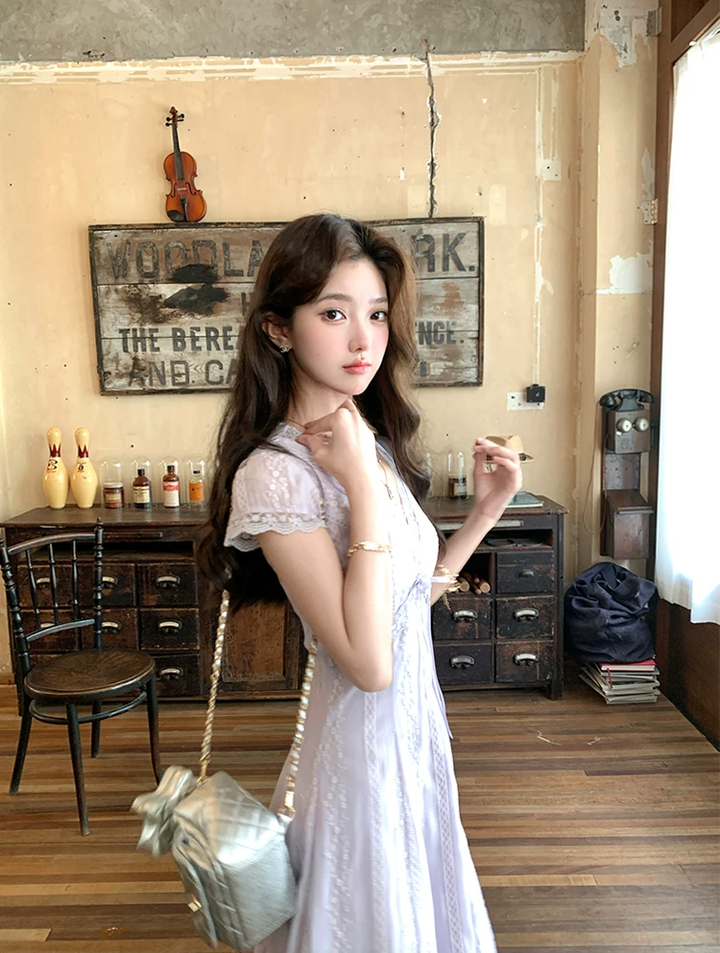 【dress】レースドッキングロングワンピース Q8532