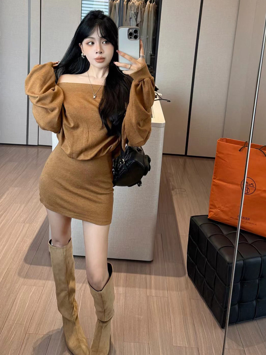 【dress】オフショルダーニットワンピース Q9198