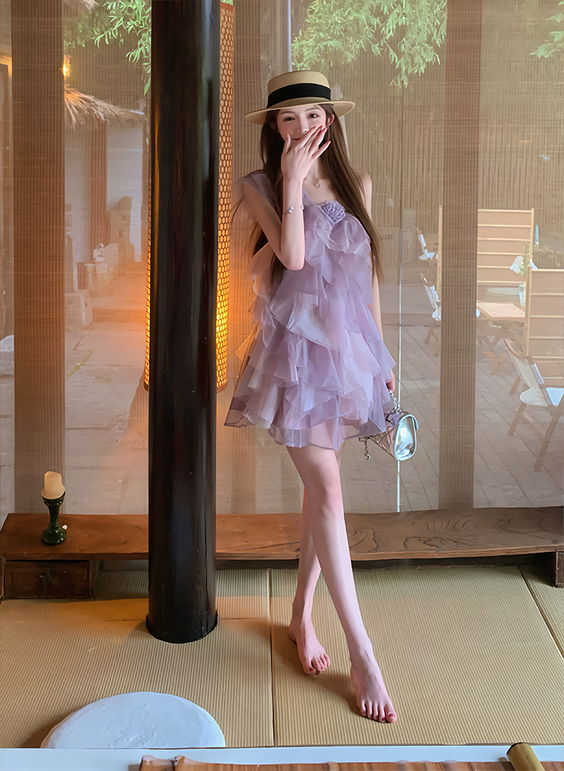 【dress】ワンショルダーチュールティアードワンピース Q8603