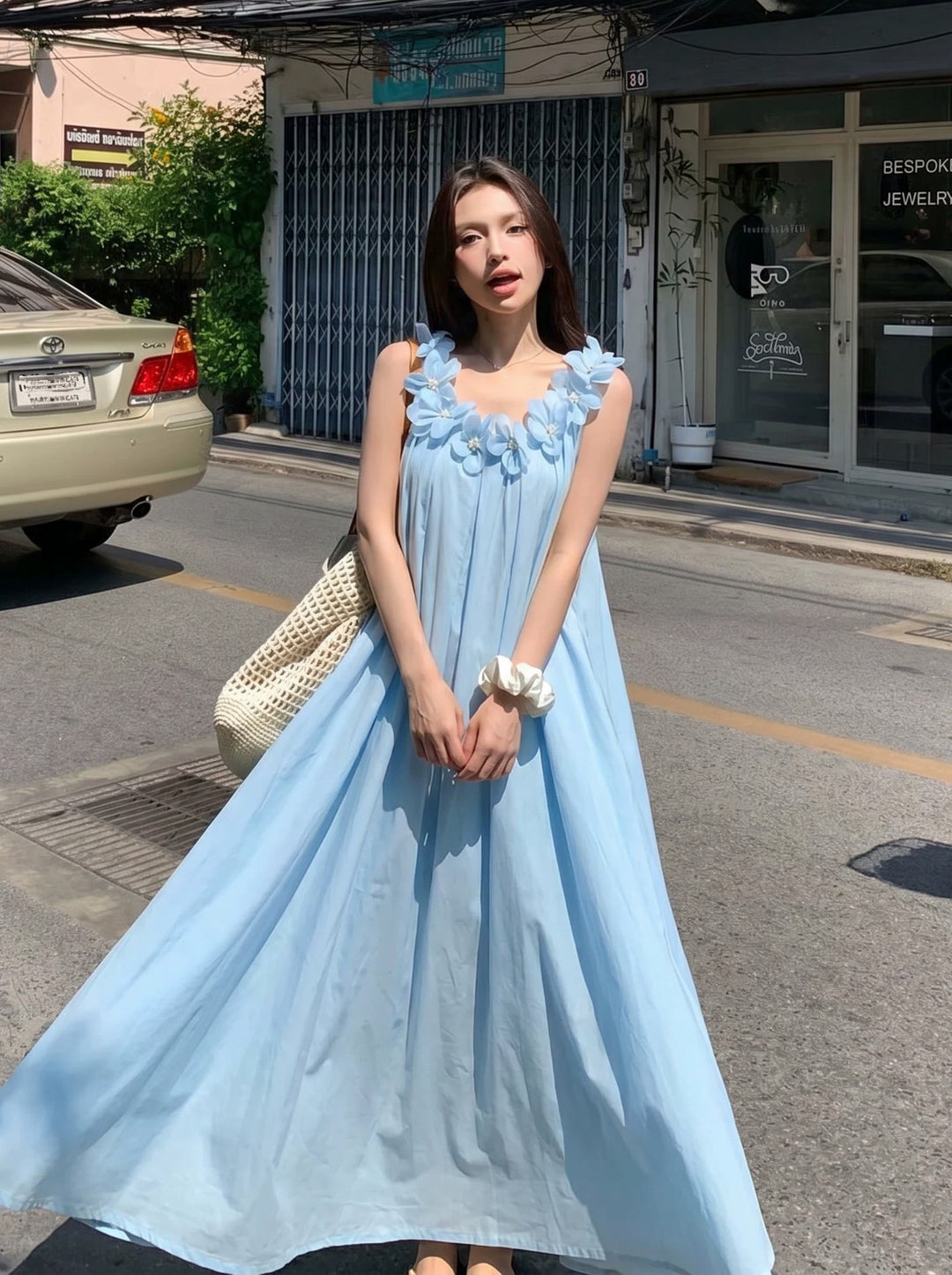 【dress】立体感フラワーロングベストワンピース Q8641