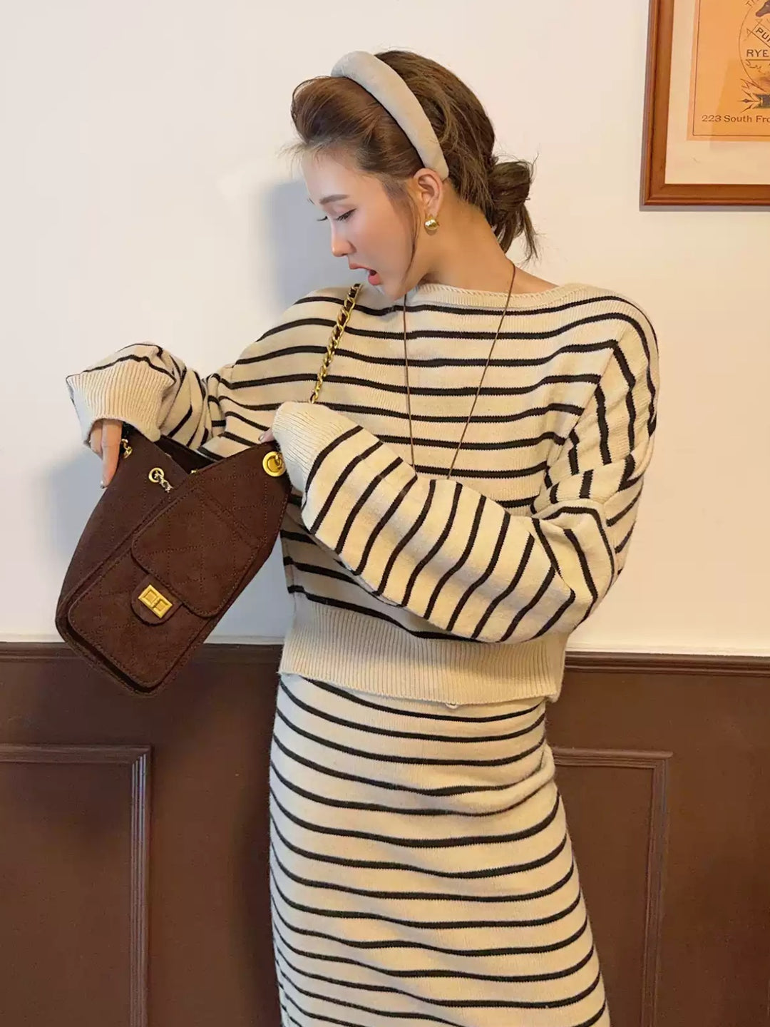 【set】ボーダー柄ニットトップス×ロングスカートセット Q9283