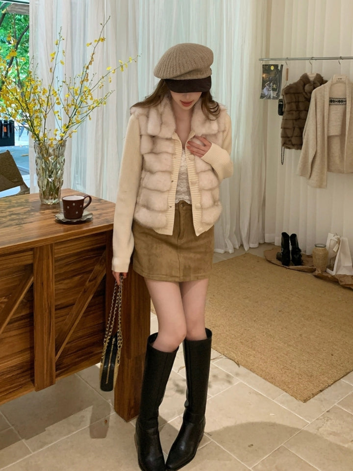 【outer】折り襟ファードッキングニットカーディガン Q9291