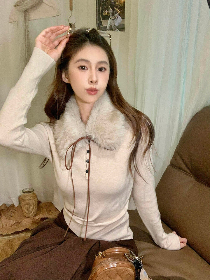 【tops】ファースカーフ付きニットトップス Q9324