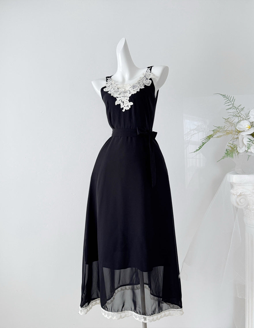 【dress】スカーフ付きレースドッキングロングワンピース Q8691