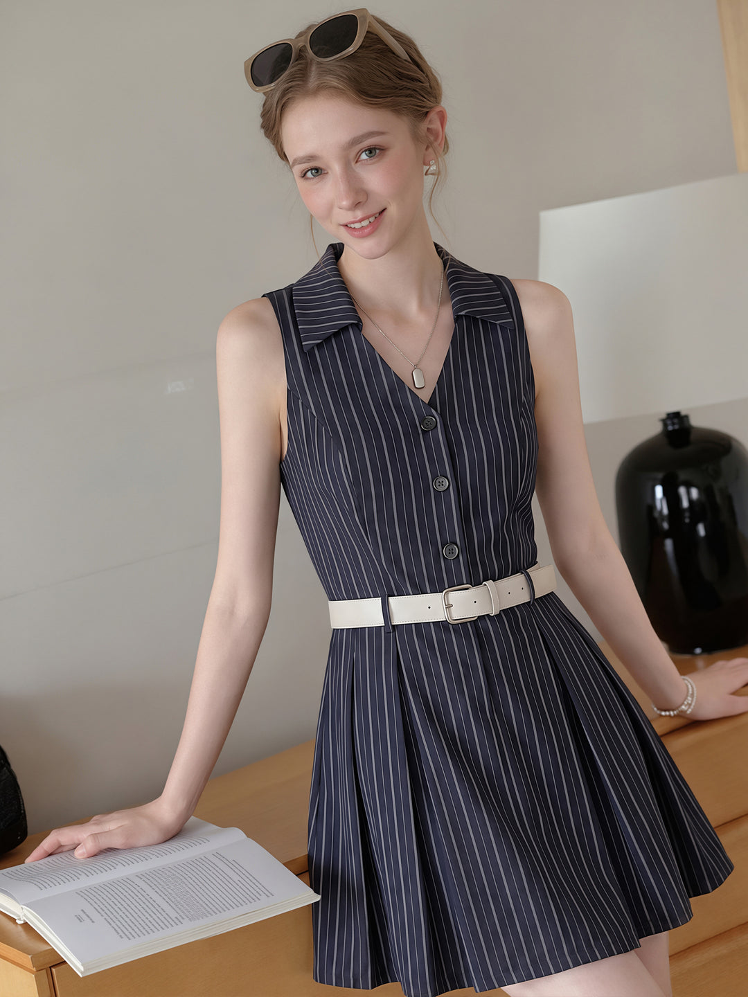 【dress】ノースリーブストライプ柄シャツワンピース Q8829