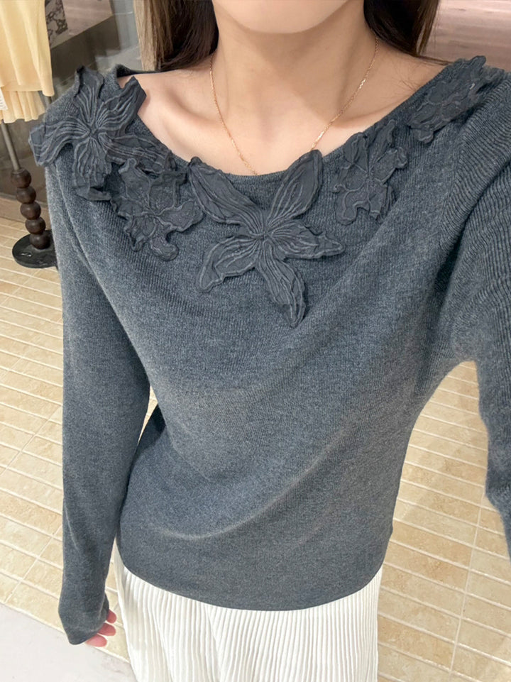 【tops】立体フラワー付きニットトップス Q9138