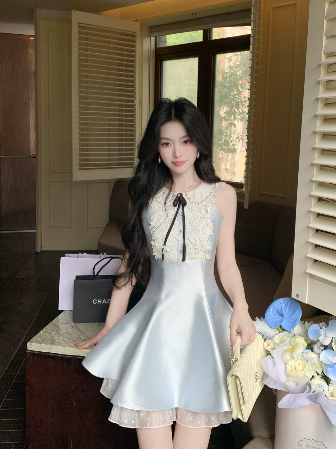 【dress】レースドッキングピーターパンカラーミニワンピース Q8549
