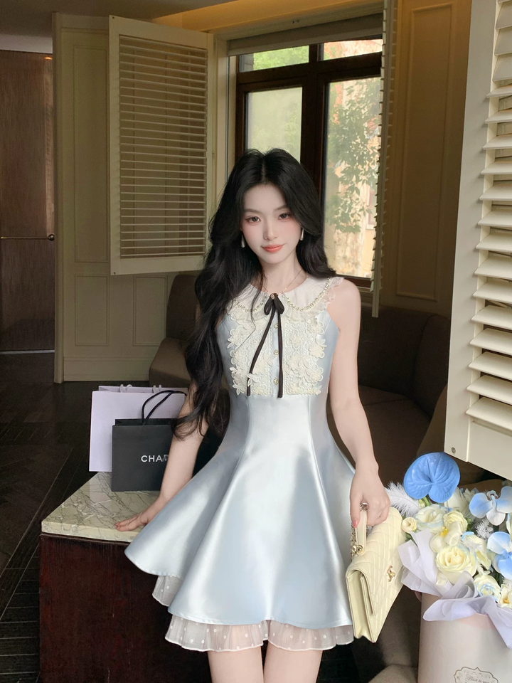 【dress】レースドッキングピーターパンカラーミニワンピース Q8549