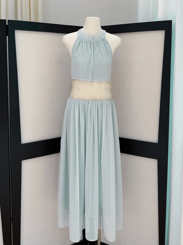 【dress】ホルターネックレースドッキングロングワンピース Q8660