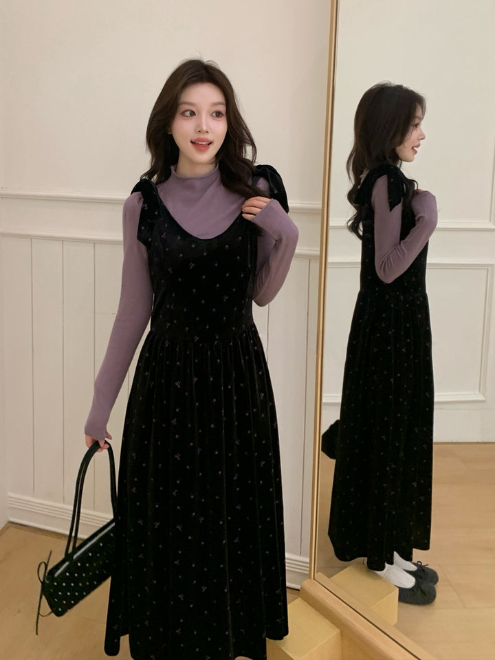 【set】ベルベットロングワンピース×ハイネックトップスセット Q9244